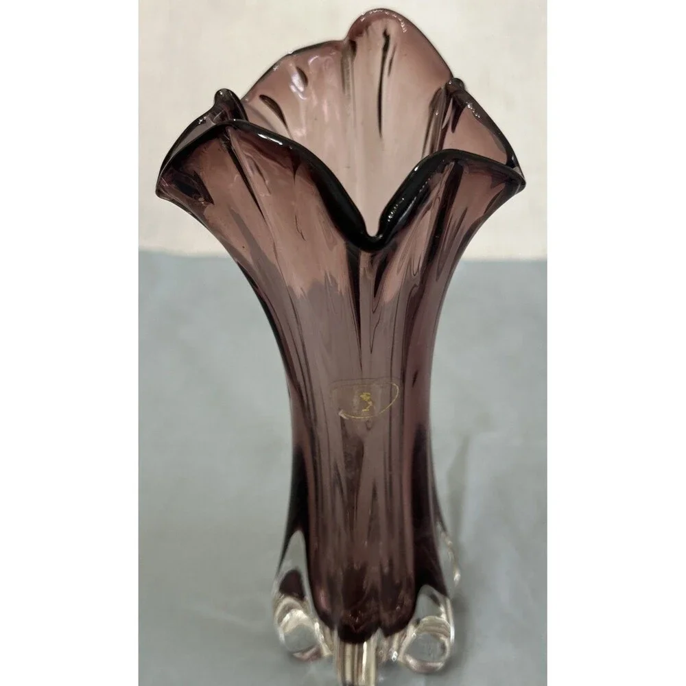 Vintage Cavalier Art Glass AMETHYST VASE With Ruffle Top 9” Tall
